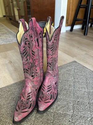 Women Pink Black Corral Inlaid Snip Toe Boots 7 M New Cowboy Leather Western NWT - Image 1 of 4