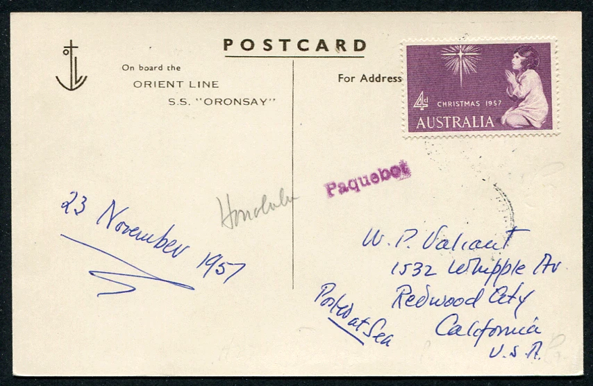 AUSTRALIA (25224): S.S. ORONSAY paquetebot cancelar/ppc/Hawai 1957 Foto 1 de 2