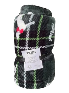 Victoria's Secret Plush Sherpa Cozy Plush Throw Blanket Green Plaid Dog 50 x 60” - Picture 1 of 4