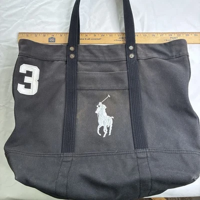 Bolso de Mano Ralph Lauren Grande Vintage Negro Lona Cremallera Poni #3 Manchas Descoloridas USADO Foto 1 de 4