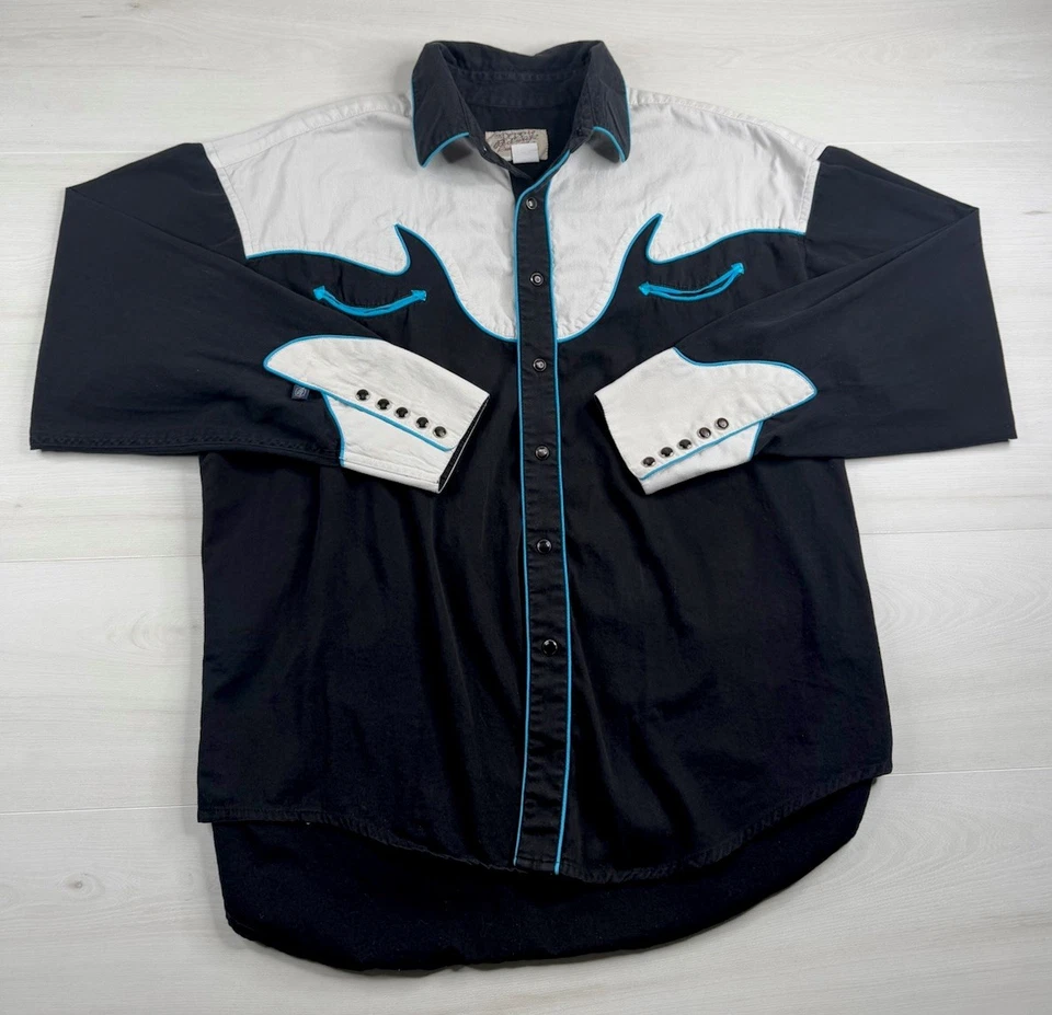 Vtg Rockmount Ranch Wear Shirt Black Western Pearl Snap Rockabilly Rodeo 70s XL - Image 1 of 4