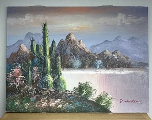P. Hunter Künstler signiert Kaktus Wüste Berg Gemälde 16x12 Leinwand Südwesten - Bild 1 von 8