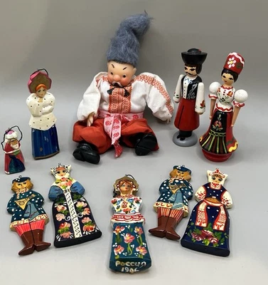 VTG Lot Of 9 Hand Carved & Painted Wooden Russian Folk Art Doll + Cossack Chub - Image 1 of 4