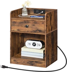 Nightstand with Charging Station, End Table with Drawer and Opening Shelf, Side - Picture 1 of 10