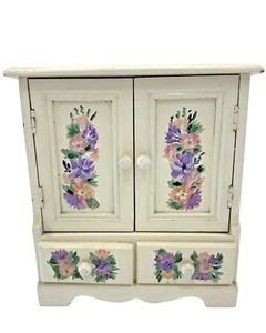Vintage Hand Painted Wooden Tabletop Armoire Jewelry Box Cottage Core - Picture 1 of 11
