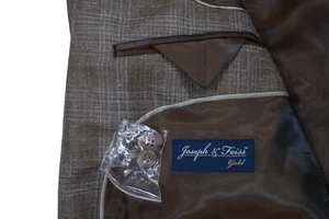 NEW JOSEPH & FEISS GOLD CLASSIC FIT 46 R PLAID BLAZER COAT JACKET SILK LINEN TAN - Picture 1 of 16