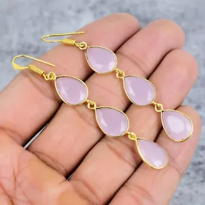 Rose Quartz Gemstone Handmade Dangle Jewelry 925 Sterling Silver Earring 2" - Picture 1 of 6
