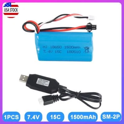 7.4V 1500mAh 15C Li-ion Battery SM Plug +USB Charger For RC Car Boat Truck USA - Image 1 of 4