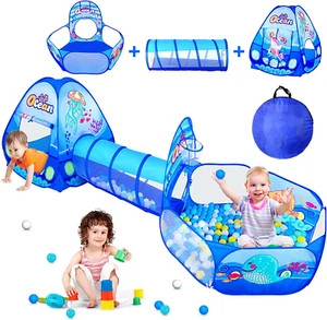 3 in 1 Kids Play Tent with Tunnel, Ball Pit, Basketball Hoop for Boys & Girls, T - Picture 1 of 7