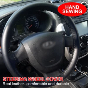 For Peugeot Partner MK2 2008-15 Black Real Genuine Leather Steering Wheel Cover - Picture 1 of 13