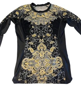Athleta Shirt Gray Yellow Paisley Runaway Rash Guard Shirt Small ST - Picture 1 of 6