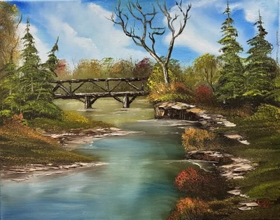Oil Painting, Bob Ross Inspired, Autumn River Bridge On A 16x20” Canvas - Image 1 of 4