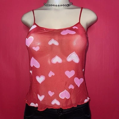 Y2K Red & Pink Micro Mesh Heart Graphic Cami Tank Top Women's Size Small - Image 1 of 4