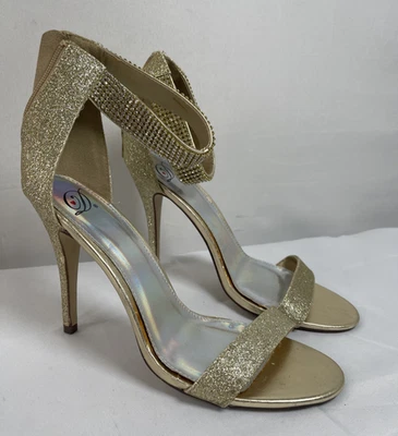 Zapatos de tacón de aguja para mujer Delicious formales dorados con correa para el tobillo talla 10 Foto 1 de 4
