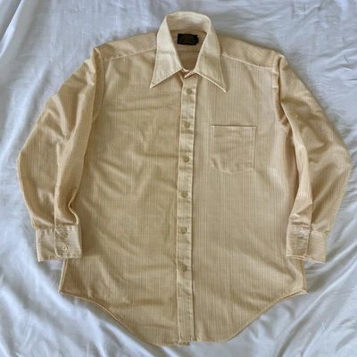 Vintage 70s Sears Dress Shirt Mens 16.5 33 Trim Regular Perma Press Knit Yellow - Image 1 of 4