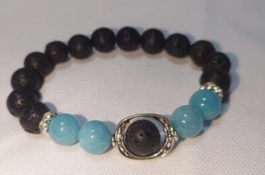 Larimar Lava Edelstein Stretch Armband 19-20 cm türkis schwarz 10mm - Bild 1 von 2