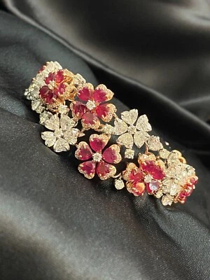 31.38 Cts Heart Round Shape Diamonds Ruby Tennis Bracelet In 14K Two-Tone Gold - Image 1 of 4