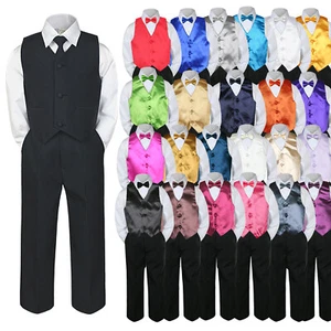 6pc Formal Baby Boy Toddler Black Pants Vest Tie Suit Outfit + Color Vest Set - Picture 1 of 49