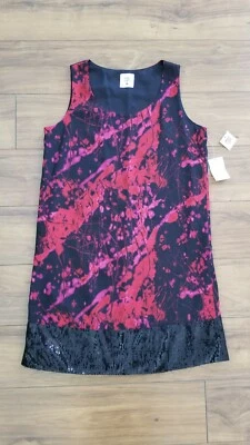 MAC + JAC Sleeveless Shift DRESS Red Black Pink 5" SEQUIN HEM WOMENS SZ L NWT - Image 1 of 4