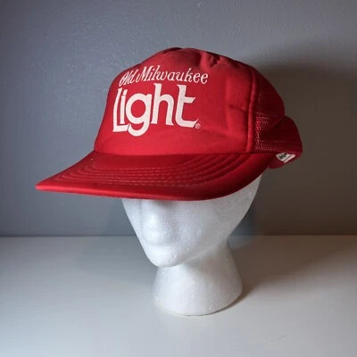Vintage 1980s OLD MILWAUKEE Beer Advertising Red Snapback Hat Trucker Cap Mesh - Image 1 of 4