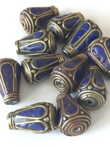 11 Pieces Tibet/Nepal Beads 15m-10-5mm Cone Genuine Gemstone Lapis Brass NOS - Picture 1 of 3