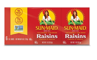 Sun-Maid California Pasas secas al sol (6PK) 1 OZ Caja tamaño bocadillo - Fruta seca Snack Foto 1 de 4