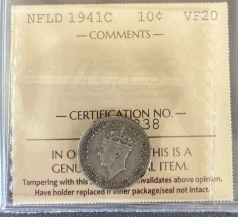 Newfoundland - 10 Cents - 1941C - ICCS Certified  - VF-20 Cover