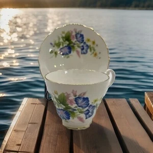 Royal Ascot Bone China Tea Cup & Saucer Blue Morning Glories & Pink Flowers  - Picture 1 of 4