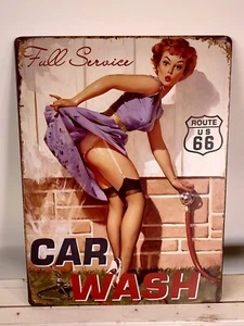 Letrero de metal de lavado de autos de servicio completo Pin-Up Girl Rt 66 arte de garaje - Imagen 1 de 1