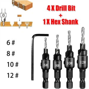4x Carpentry Countersink Drill Bits Set for Woodworking Drilling Pilot Hole Tool - Picture 1 of 5