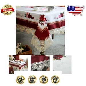 Lace Embroidered Burgundy Tablecloth - Classic Rectangular 84" x 60" for 6-8 ... - Picture 1 of 8