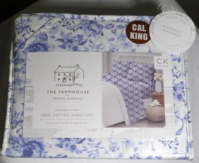 NUEVO Juego de sábanas The Farmhouse de Rachel Ashwell 4 piezas CAL KING flores azules flor Foto 1 de 4