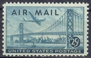 1947 Air Mail Scott C36 Wet Print 25¢ Boeing B377 Over SF-Oakland Bay Bridge MNH - Picture 1 of 2