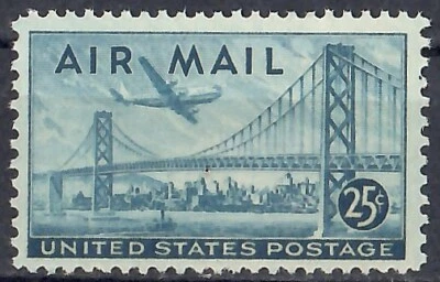 1947 Air Mail Scott C36 Wet Print 25¢ Boeing B377 Over SF-Oakland Bay Bridge MNH - Image 1 of 2