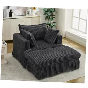 Corduroy Upholstered Accent Chair with Movable Ottoman, 47.7'' Dark Gray 47.7" - Picture 1 of 8