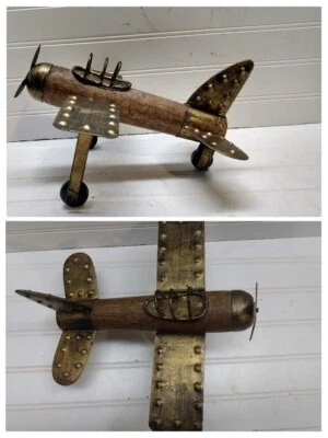 Hand Made Décor Single Propeller Wooden Tin Fixed Wing Toy Airplane - Image 1 of 4