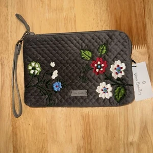 Vera Bradley Wolf Gray Iconic RFID Wristlet Embroidered Floral Velvet NWT - Picture 1 of 8