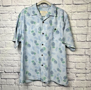 Tommy Bahama Silk Hawaiian Shirt Men L Blue Pineapples Original Fit Short Sleeve - Picture 1 of 9