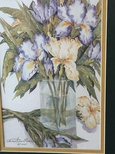Artist Christine Linson VERTICAL IRIS IN VASE Framed Watercolor Signed 2/1000 - Picture 1 of 14