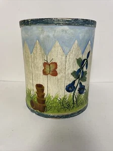 VTG Wooden Trash Basket Hand Painted Tole Flowers Garden Picket Fence-Any Room - Picture 1 of 10