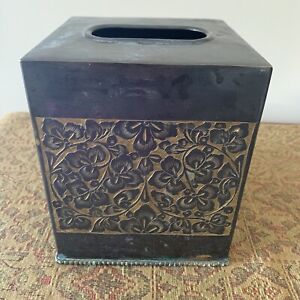 Vintage Metal Bronze Patina Facial Floral Embossed Tissue Box Cover Holder