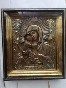 Alrededor de 1850-1900 Antiguo Icono Ruso Nuestra Señora de Vlodimer 31x26,5cm - Imagen 1 de 8