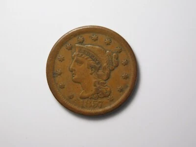GOLD RUSH ERA OLD US COIN 1857 BRAIDED HAIR LARGE DATE   LARGE CENT - Image 1 of 4