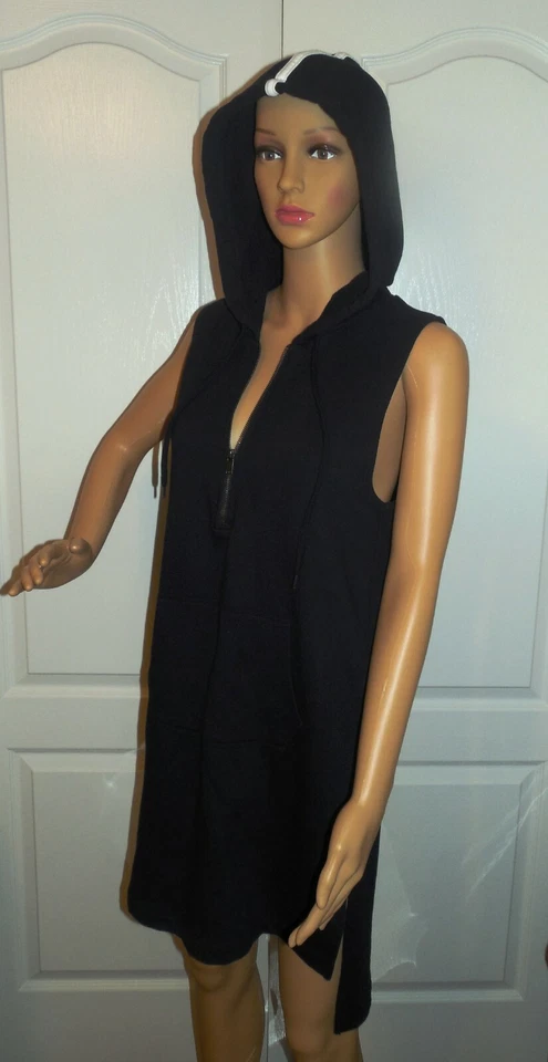 Women's Small Black Sporty Sleeveless Sweatshirt Hoodie Dress Pullover Cover-up - Image 1 of 4