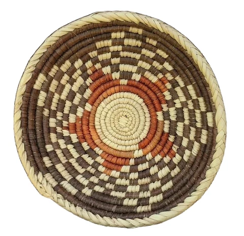 Colorful  orange, brown, star sweetgrass coil weave basket 1 3/4"h, 8 1/4"d Cover