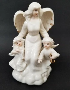 7 Inches Tall Porcelain White Guardian Angel With 2 Children Music Box - Picture 1 of 9