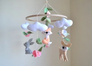 Woodland baby mobile, forest mobile, Baby Mobile Girl, Floral Mobile, Fox Deer - Picture 1 of 5