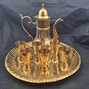 Vintage Copper Coffee Pot Tea Can Set 6 Cups Tray - Picture 1 of 9