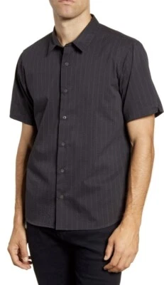 BLDWN ARELLANO SLIM FIT STRIPE SEERSUCKER SHORT SLEEVE SPORT SHIRT BLACK SZ S - Image 1 of 4