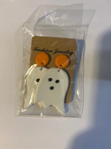 Neu Halloween 2,5" weiß/schwarz/orange "Kürbis Geister" Ohrhänger ~ Polymer Ton - Bild 1 von 6